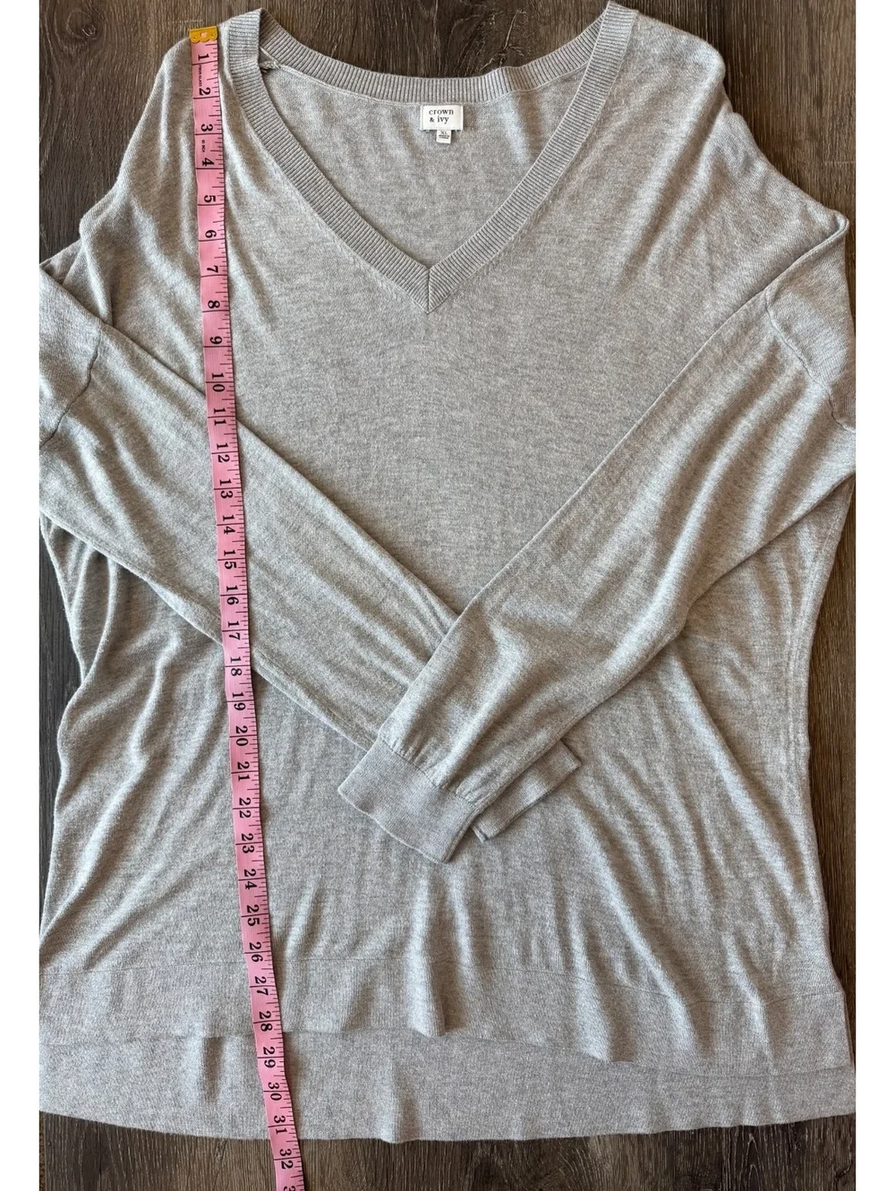 Crown & Ivy Gray V-Neck Tunic Sweater Women’s XL Cotton Wool Blend